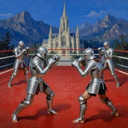 wide angle shot from above of silver ornate armor slim muay thai handsome warriors in battle!!! mountains and giant gothic abbeys in the background, hyperrealism, fine detail, 8 k, high contrast color scheme, blue at the background red at the foreground!!!, dynamic perspective, oil canvas by mandy jurgens and michael whelan