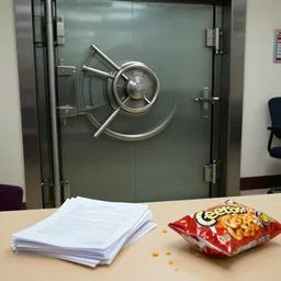 photo looking through the door of a bank vault, a pile of documents and a bag of cheetos on the table, soft shadows, highly detailed