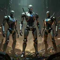 cyberpunk style, robots and humans, scary, unreal engine