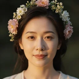 portrait of a 1 0 0 0 0 year old woman, symmetrical face, flowers in her hair, she has the beautiful calm face of her mother, slightly smiling, ambient light