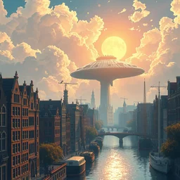 city of amsterdam, millennium falcon in the sky, natural lighting, dreamy, psychedelic, intricate details, matte painting, illustration, by hayao miyazaki