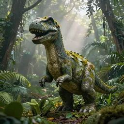 very detailed, deteriorated, ancient overgrown stone statue of Barney the Dinosaur in the middle of the jungle, mist, sunbeams, 4k, high quality