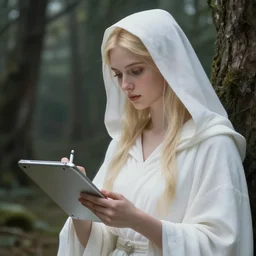 half - body portrait of the goddess of memory taking notes on a silver tablet in a forest, white hood, white robes, blonde, fantasy, magical, realistic and detailed, spiritual, supernatural, intricate, elegant, highly detailed, digital painting, trending on artstation, by wlop, 4 k octane render