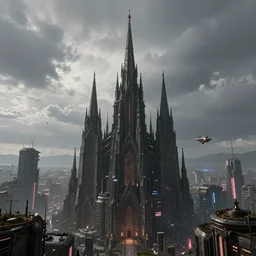 octane render of a gothic city with an overcast sky, tall spires, steampunk, cyberpunk, high - definition, trending on artstation, alienating, imposing, imperious, malevolent, moody, landscape, distant, vast, cityscape, skyline, neon, glowing, flying vehicles, long shot