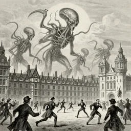 gigantic eldritch aliens attack Victorian London. People screaming and running, in the style of john atkinson grimshaw