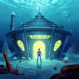a secret underwater superhero base | homebase secret headquarters of a water based super hero | 1 9 7 0's style animation | in the style of archer | by alex toth | superfriends style art