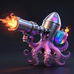 a octopus weapon with splatoon 3 style, metal rocket gun + water gun + flame + water reservoir + barrel nozzle + spray colorful paint + neon,