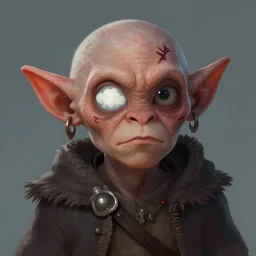portrait of a goblin with a clouded eye and a scar, rpg illustration, dnd, concept character