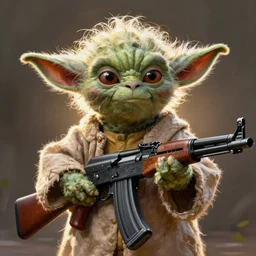 Yoda with an ak47, looking threatening, well lit, digital art, virtuosic painting, award winning, high quality, visual, sharp, backlit, gorgeous lighting