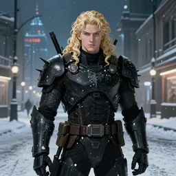 portrait of the pale blond soldier Deckard, long curly blond hair, jagged black cyberpunk armor, imperial russian city streets covered in snow, sci fi, night time, ambient lighting, 4k, anime key visual, lois van baarle, ilya kuvshinov, rossdraws, artstation