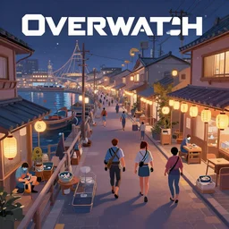 style : overwatch. composition : long shot. key words : digital art ; detailed ; 4 k. scenery : a busy japanese harbor. subject : fishermen are wandering around. details : at night ; lanterns in the streets.