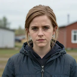 Photo of Native Russian woman Emma Watson, portrait, skilled homeless, realistic, detailed, Emma Watson, photorealism, Sony A7R