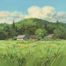 landscape by miyazaki, gouache brushmarks