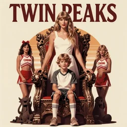 twin peaks movie poster art of taylor swift standing next to young boy sitting in throne, cheerleader sacrificed to moloch in a ritual, retro noir, by artgerm, leyendecker, katherine lam, peter mohrbacher, michael whelan, tomer hanuka, godward, gustav moreau, saturno butto, boris vallejo, david kassan