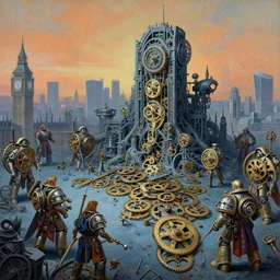 painting of clockwork machines covering the ground of london city, london mechanized, zdzislaw beksinski, lewis jones, dariusz zawadzki, wayne barlow, warhammer fantasy, cold hue's, warm tone gradient background, concept art, 4 k, ultra - high - definition