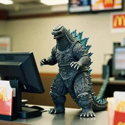 godzilla standing behind the register of a mcdonald's ready to take your order, 3 5 mm, f / 2. 8, flash photography