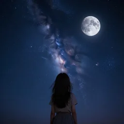 girl, beautiful starry sky, moon, galaxy, stars, beautiful, light, night, adorable photography
