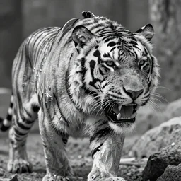 a black and white sabertooth tiger in silver armor, greg rutkowski, 8 k, shallow depth of field, intricate detail, concept art,
