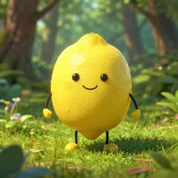 a friendly bipedal lemon in a forest