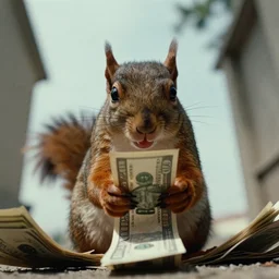 film still, gangster squirrel counting his money, low angle, shot from below, worms eye view, low angle!!!!