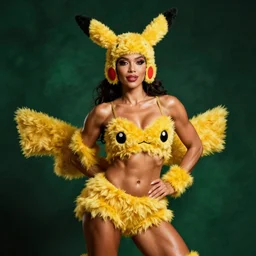 muscular woman in a furry costune of Pikachu, performing burlesque, dark green background, photo by Annie Liebovitz for Vogue