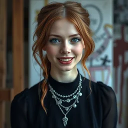 a portrait photograph of a crazy beautiful young woman painter in her studio with vampire fangs, wearing a black dress and silver necklace, copper brown hair, dark blue eyes, dof, sharp focus, slight smile, pale, highly detailed face, symmetric face, 4 k, cinestill 8 0 0 t, exif, raw, photography by paolo roversi