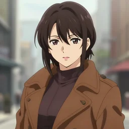 full anime portrait of beautiful gunslinger woman in the city, face details, brown tuffle coat, cowboy hat, brown skin, redeyes, high fantasy, dnd, highly detailed, digital illustration, by kurone mishima