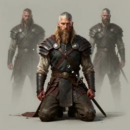 aesthetic digital illustration of a kneeling viking warrior, by anne stokes, greg rutkowski, and brian belle din | dirty and bloody, concept art, character concept, matte background. unreal engine, finalrender, centered, deviantart, artgerm