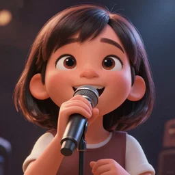 a painting of cute Asian girl singing, short hair, in the style of DreamWorks animation, low angle view, 16mm lens, award winning, hyper detailed, dramatic lighting, artstation, octane renderer, unreal engine