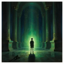 a glowing silhouette boy in massive futuristic fantastical classical halls of creation. night time, strong shadows. deep green blue tones. renaissance masterpiece. highly detailed sci - fi fantasy painting by norman rockwell, frank frazetta, johfra bosschart, and syd mead. rich colors, high contrast, dark background. artstation