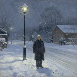 a thin bald grandfather without eyes stands on a snowy road near a luminous lamppost, winter, blizzard, night, cold, terrible, oil on canvas, naturalism