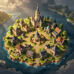 aerial view of medieval village on island, clash of clans