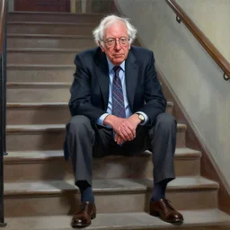 a coherent award - winning beautiful!!! portrait of a calm bernie sanders!, sitting on curious temple stairs, painted by zdzislaw beksinski