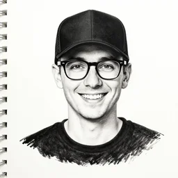 happy guy in black trucker hat clean shaved glasses ink on paper