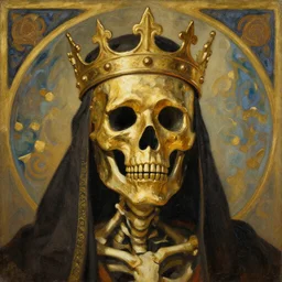 A skeleton wearing golden mask, fantasy, crown, painting by greg rutkowski and alphonse mucha
