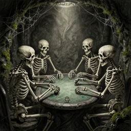 skeletons playing poker in a dungeon, cobwebs, grunge, dungeon, mossy, volumetric lighting, hyper real, pencil art, moody lighting, eldritch horror