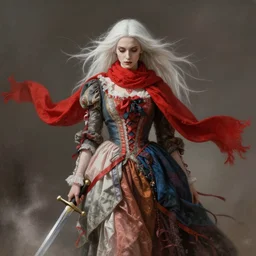 a vampire with long light white hair and a red scarf, windy, ribbons, melancholic, modern maximalist fashion dress of different colors, is ( ( holding a sword ) ). light dust, magnificent, hyperdetailed, theatrical, painted by jean honore fragonard and greg rutkowski
