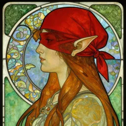 beautiful and detailed portrait of a iorveth, profile view, side view, scoia'tael leader, red cap, red bandana covering one eye, elf ear, stained glass art, by alphonse mucha, green background, very masterful