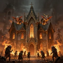 Goblins burning an orphanage, cinematic, intricate, elegant, highly detailed, digital painting, artstation, concept art, smooth, sharp, focus, illustration, art by artgerm and Johfra Bosschart