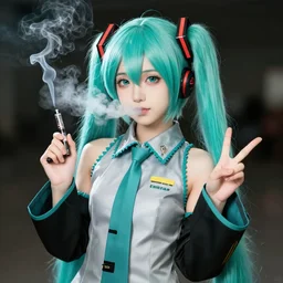 hatsune miku smoking a vape pen in her right hand and holding up a peace sign in her left hand | smoke coming out of her mouth,