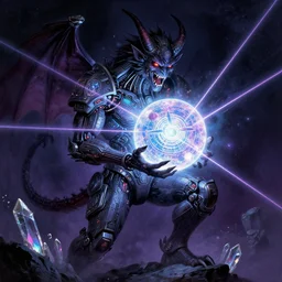 celestial demon carrying a glowing orb, technology, circuitry, magic, sigils, led lights, crystalline shimmers, laser beams, hatred, airbrush painting, royo,