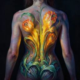 darmstadtium torso,painted by Eva Widermann and Alexis A. Gilliland,trending on artstation, plant-like lighting rear view,strong colors,the witcher ,Eraserhead ,figurativism ,illustrator,