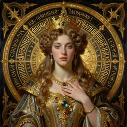 hyper realistic painting portrait of the queen of saturn, occult diagram, elaborate details, rococo, baroque, gothic, intrincate ornaments, gold decoration, caligraphy, occult art, illuminated manuscript, oil painting, art noveau, in the style of roberto ferri, gustav moreau, waterhouse and bussiere