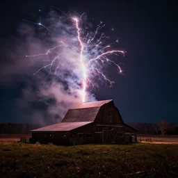 lighting strikes at barn in the open fields, complementary colors