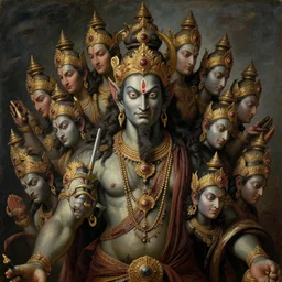 a beautiful cinematic masterpiece gothic headshot portrait of majestic colossal hindu asura demon god ravan with hundred heads, from ramayan, symmetric centered portrait, by sandro botticelli, by wayne barlowe, by bruce pennington, by greg rutkowski, by zdzisław beksinski, oil on canvas, trending on artstation, brilliant diffused studio lighting, sharp, hyper - detailed, cinematic composition, no frames, hd, 8 k