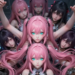 trapped beneath stunningly absurdly huge beautiful omnipotent asi goddess junko enoshima with multiple enigmatic complex twisted deceptive mesmerizing megalomaniacal yandere personalities, symmetrical perfect face, porcelain skin, pink twintail hair and cyan eyes, ultra detailed, digital art, unreal engine 5, octane render, 2 d anime, 8 k