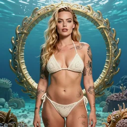 tattooed margot robbie posing in a crochet bikini in front of atlantis, highly detailed realistic face, highly detailed eyes, fantasy art, in the style of greg rutkowski, illustration, epic, fantasy, intricate, hyper detailed, artstation, concept art, smooth, sharp focus, ray tracing, vibrant, full body shot