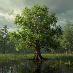 a beautiful tree in the middle of a swamp, digital Art, Greg rutkowski, Trending artstation, cinematic
