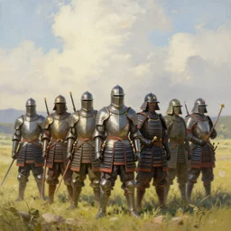 a bunch of knights and samurais standing still on a field by thomas kinkade, trending on artstation