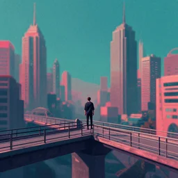 a man standing on top of a bridge over a city, art by Vincent Lefevre, behance contest winner, artstation, altermodern, cityscape, synthwave, matte painting, octane render, unreal engine
